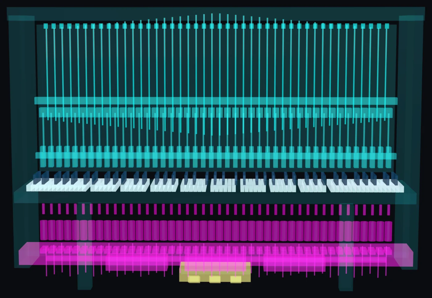 Front elevation of the instrument: strings and tuning pins across the top, the sampled hammer action beneath them, the full 88-note keyboard, and the magenta bank of 44 solenoid coils and plungers below the keybed.